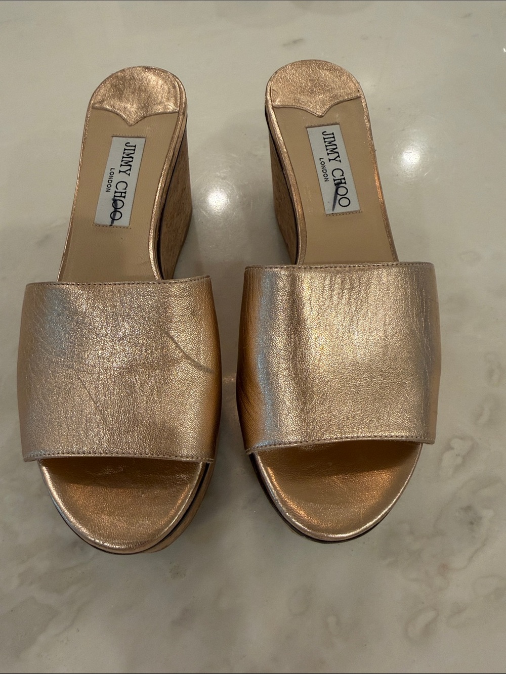 Jimmy Choo Metallic Rosegold Leather Wedge Mules